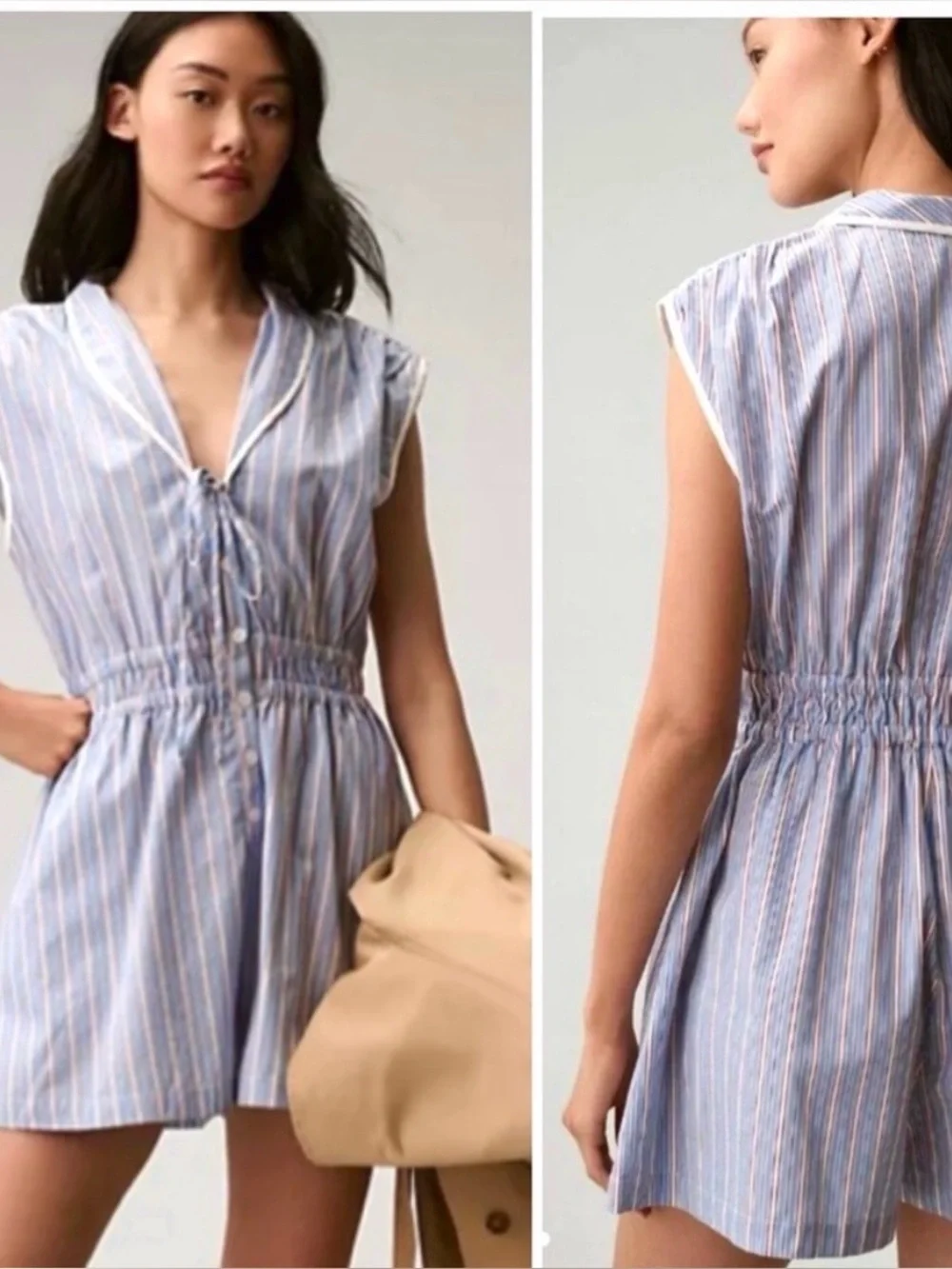 NWT Anthropologie Blue and Red Striped Button-Front Romper